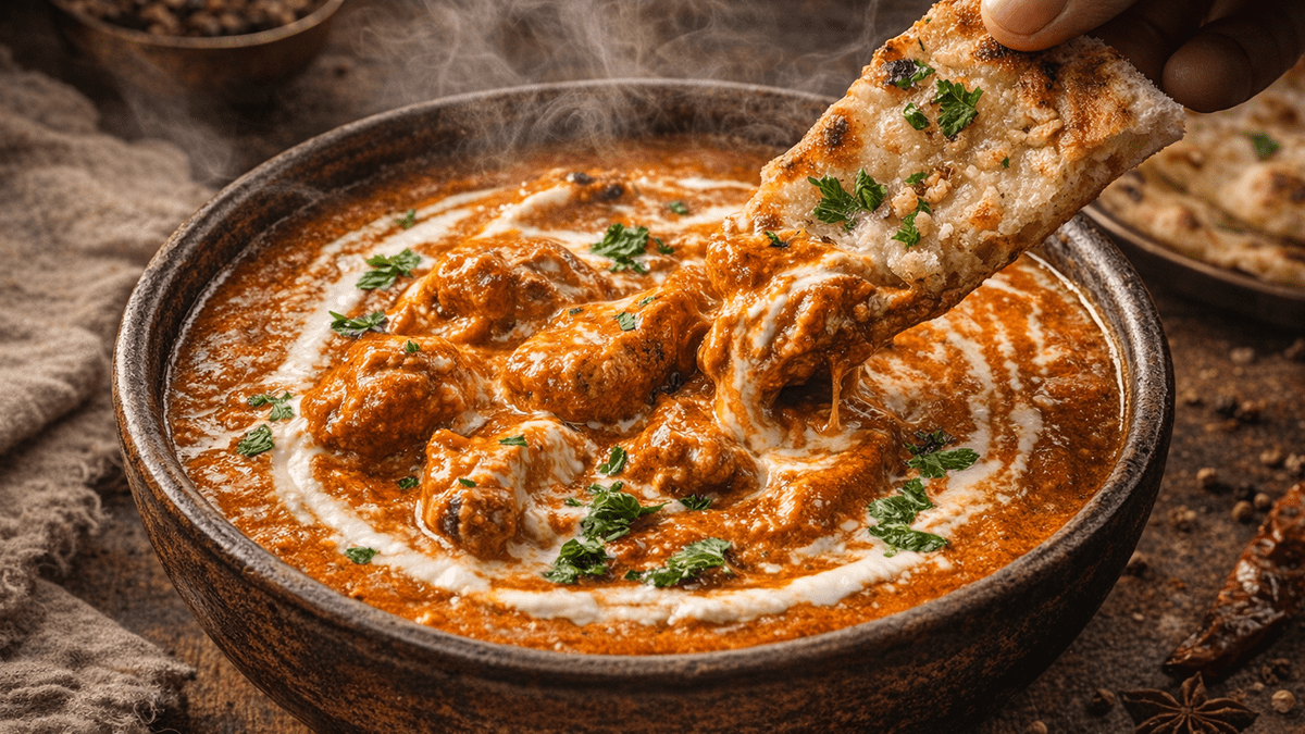 Creamy 15-minute pressure cooker Butter Chicken served with garlic naan.