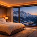Luxury sleep tourism destination with mountain view and circadian lighting.
