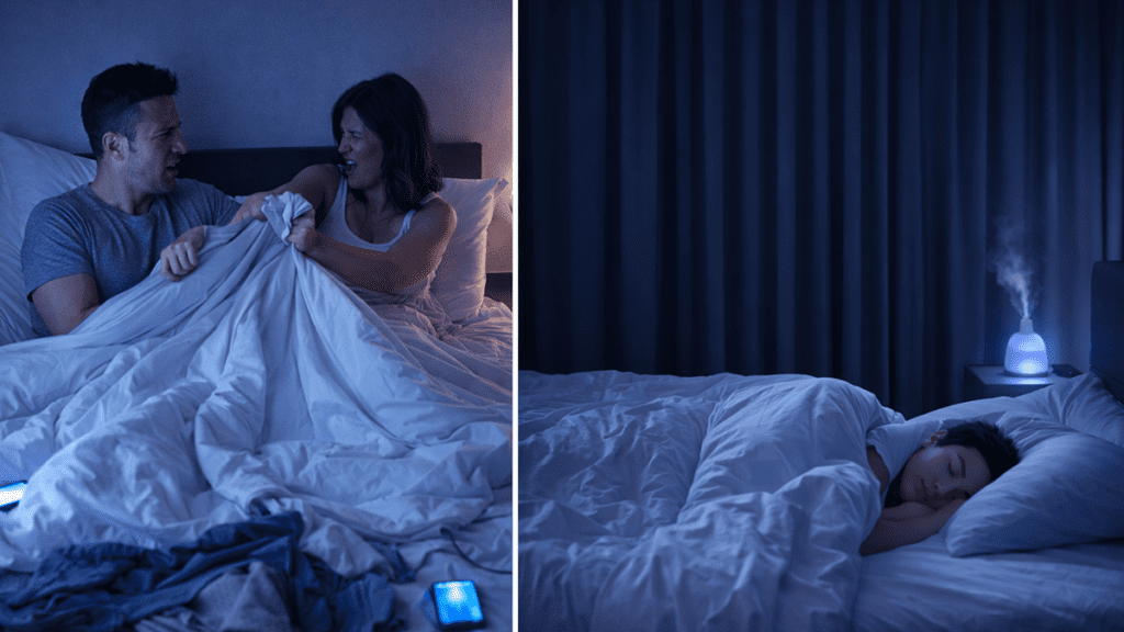Comparison of a stressful bedroom versus a sleep sanctuary for better rest.