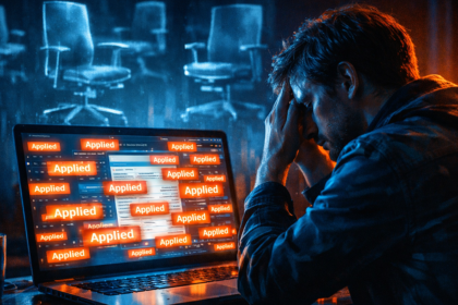 A frustrated job seeker dealing with the Ghost Job Epidemic on a laptop in 2026.