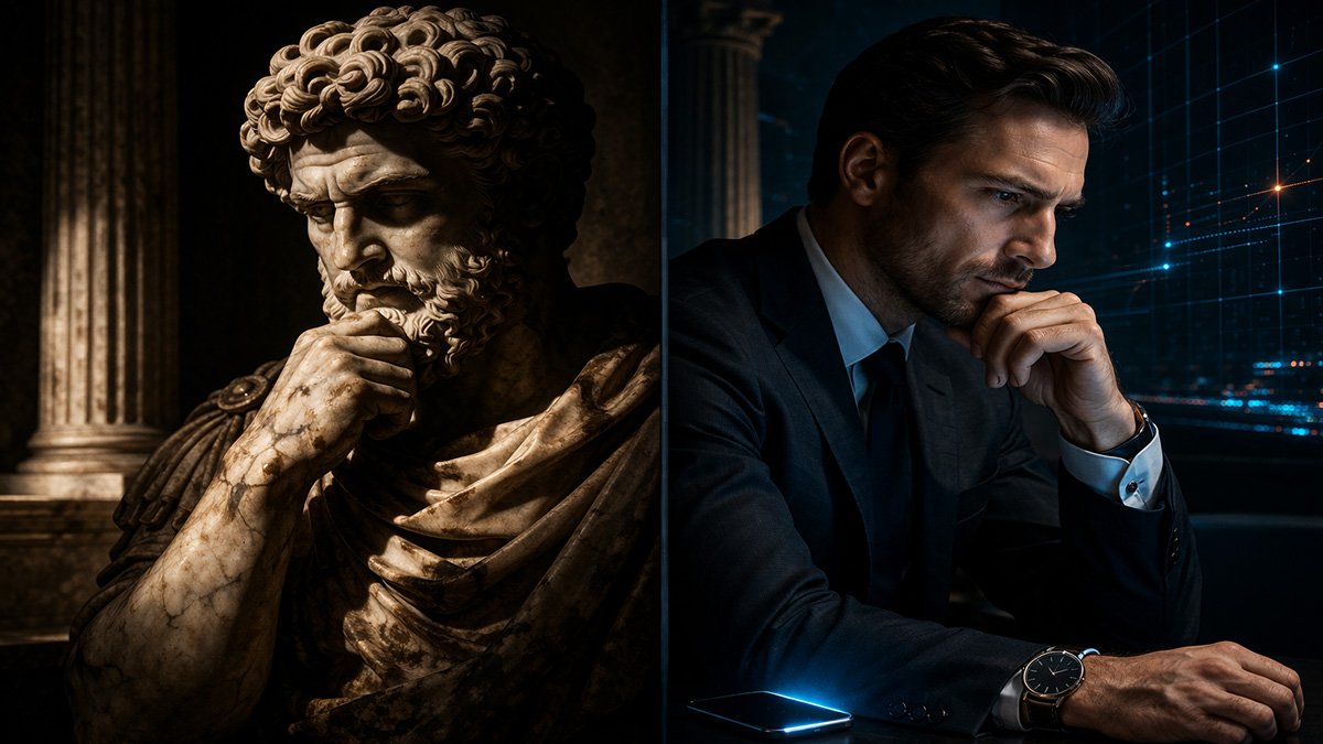 Marcus Aurelius bust compared to a modern professional, illustrating Marcus Aurelius Lessons for today.