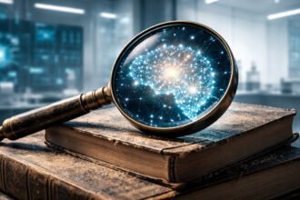 A digital visualization of the Future of Search Engines shifting from links to AI answers.