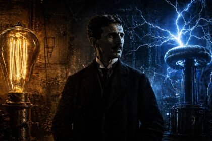 A cinematic illustration of the War of Currents between Nikola Tesla and Thomas Edison.