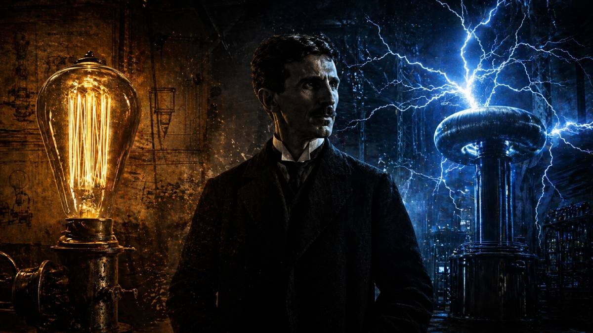 A cinematic illustration of the War of Currents between Nikola Tesla and Thomas Edison.