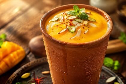 A thick, creamy glass of traditional mango lassi garnished with pistachios, representing the ultimate Mango Lassi Recipe.