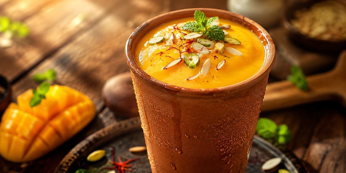 A thick, creamy glass of traditional mango lassi garnished with pistachios, representing the ultimate Mango Lassi Recipe.