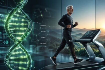 A futuristic conceptual image exploring the question: Can humans live to 120?