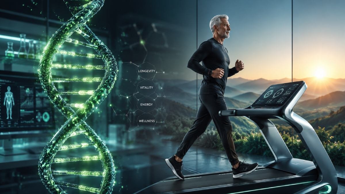 A futuristic conceptual image exploring the question: Can humans live to 120?