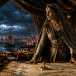 Historical depiction of Shajar al-Durr managing the defense of Egypt in her royal tent.