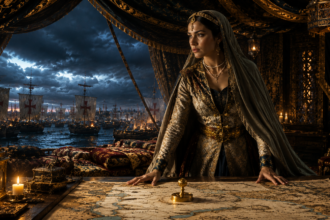 Historical depiction of Shajar al-Durr managing the defense of Egypt in her royal tent.