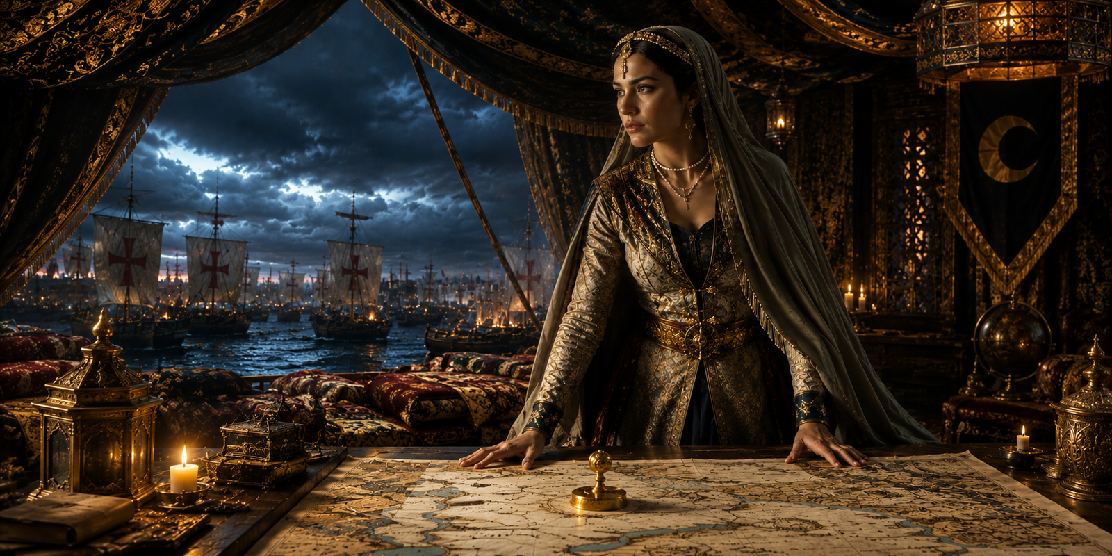 Historical depiction of Shajar al-Durr managing the defense of Egypt in her royal tent.