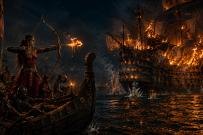 Historical depiction of Rani Abbakka Chowta leading a night-time sea raid against the Portuguese.