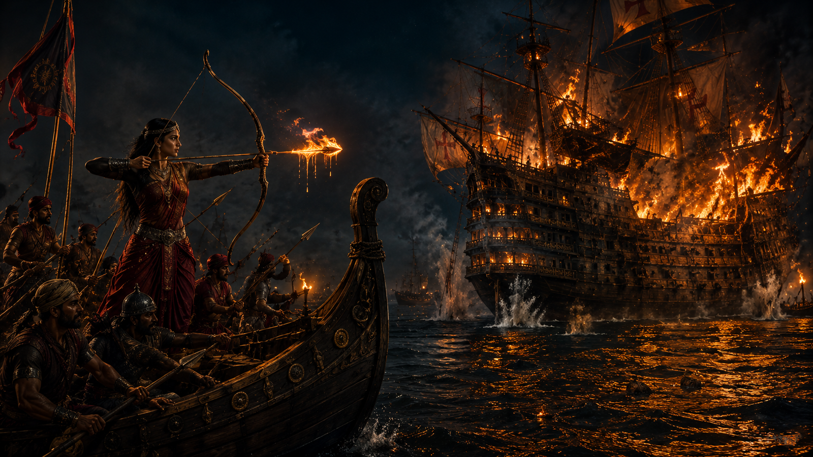Historical depiction of Rani Abbakka Chowta leading a night-time sea raid against the Portuguese.