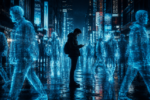 A person surrounded by digital silhouettes illustrating the Dead Internet Theory in action.