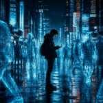 A person surrounded by digital silhouettes illustrating the Dead Internet Theory in action.