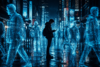 A person surrounded by digital silhouettes illustrating the Dead Internet Theory in action.