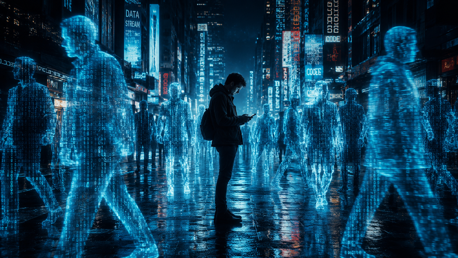 A person surrounded by digital silhouettes illustrating the Dead Internet Theory in action.