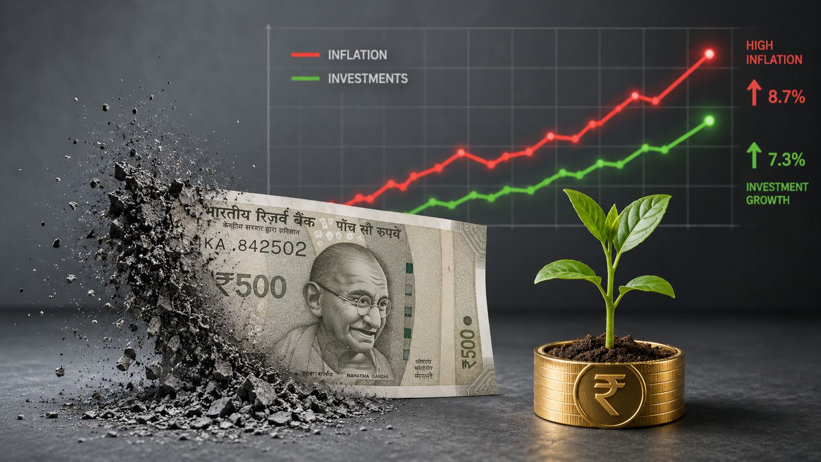 A disintegrating bank note illustrating how to beat inflation with investments over time.
