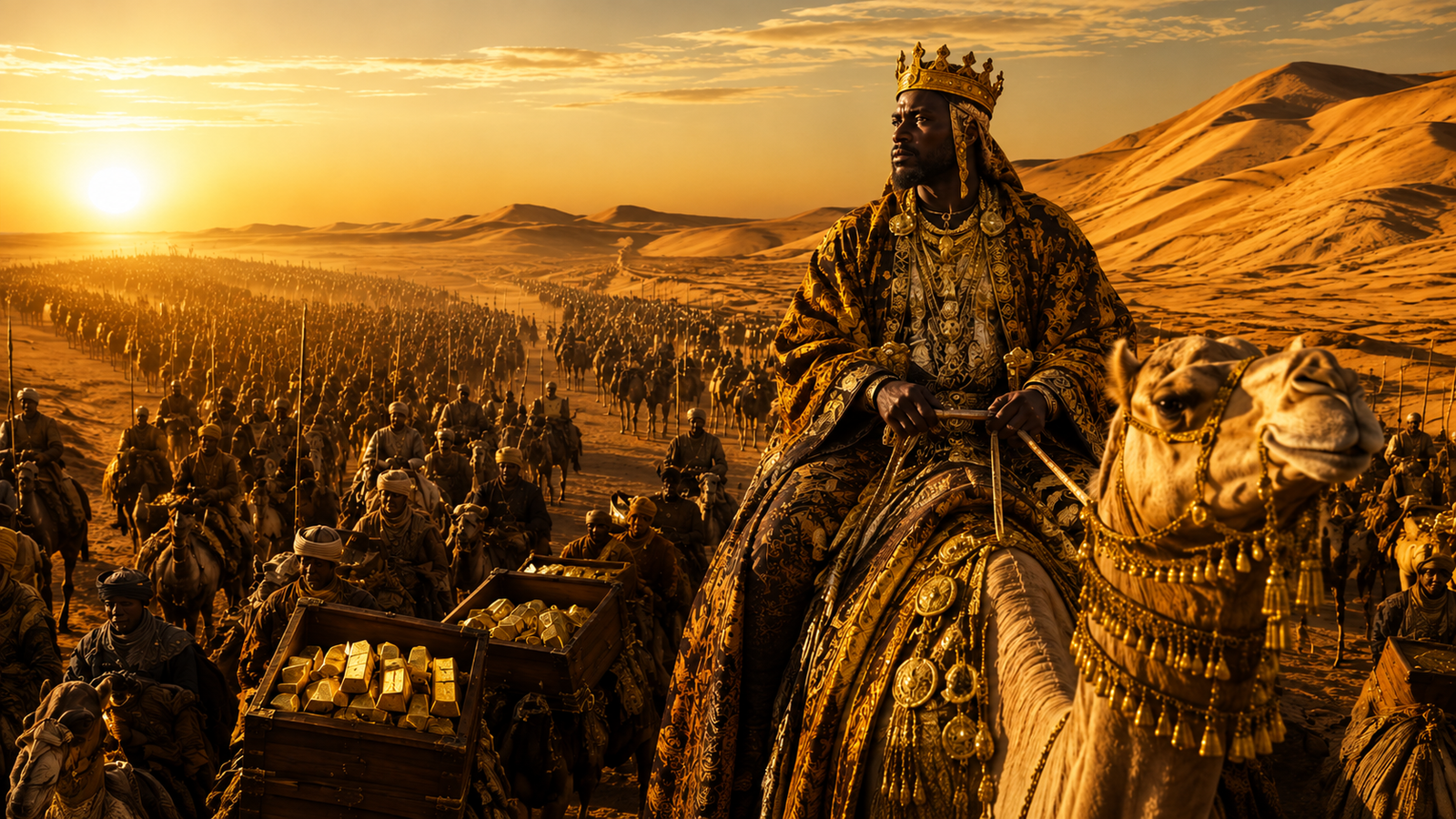 Mansa Musa's historic caravan crossing the Sahara Desert, showcasing the scale of Mansa Musa Wealth.