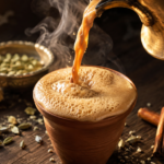 Pouring hot, frothy tea from a brass kettle, illustrating the ultimate Masala Chai Recipe.