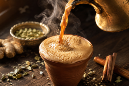 Pouring hot, frothy tea from a brass kettle, illustrating the ultimate Masala Chai Recipe.
