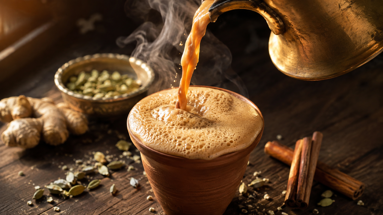 Pouring hot, frothy tea from a brass kettle, illustrating the ultimate Masala Chai Recipe.